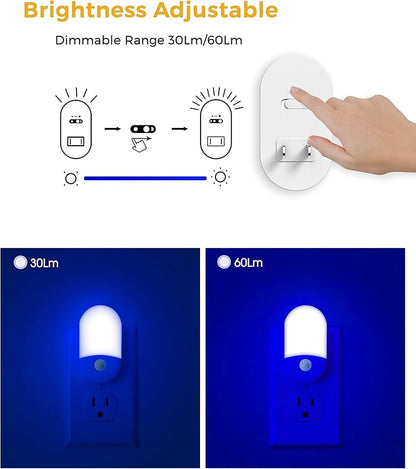 Blue Night Light Plug in, LOHAS Motion Sensor Blue LED Night Lights Plug Into Wall, Adjustable Brightness, 0.6W LED Night Lights for Kids, Bathroom, Bedroom, Independence Day Decorations, 2 Pack