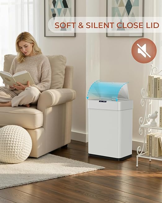 TLSUNNY 13.2 Gallon Motion Sensor Trash Can,Touchless Automatic Garbage Can,Brushed Stainless Steel Smart Bin,with Bag Holder,Soft Close Lid,for Kitchen,Office,RV,Bedroom,Living Room (White, 50L)