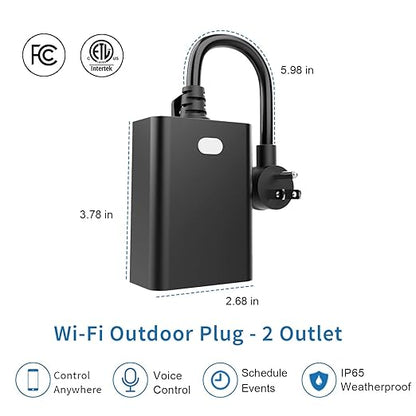 New One Smart Plug 2 Pack, Outdoor Waterproof IP65 Dual Outlets, 2.4G WiFi Outlet Compatible With Alexa, Google Home, Smart Life, Wireless Voice Remote Control, ETL FCC Certified