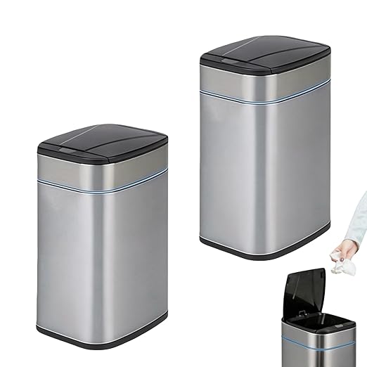 Garbage Can with Lid, Intelligent Sensor Opening and Closing, Small Garbage Can for Living Room, Bedroom, Kitchen and Bathroom (2, Square Silver)
