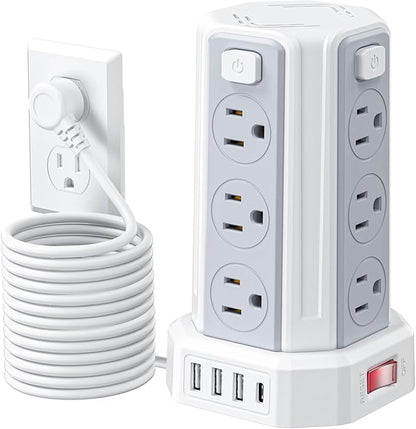 Power Strip Surge Protector, 16.4 Ft Extension Cord with 12 AC Multiple Outlets 4 USB (1 USB C), SMALLRT Power Tower Desktop Charging Station