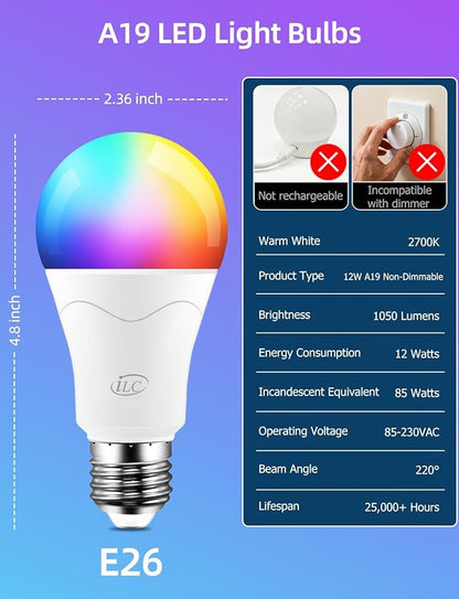 ILC LED Light Bulb 85W Equivalent, Color Changing Light Bulbs 2700K Warm White, Remote Control RGB 6 Modes, Timing, Sync, Dimmable E26 Screw Base (2 Pack)