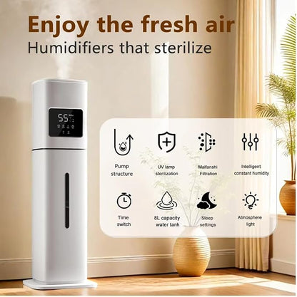 Smart White Humidifier, 2.1Gal/8L Large Capacity Cool Mist Humidifier with 3 Mist Levels, Auto Humidity Control, Timer & Auto Shut-Off, LED Panel & Remote, 360° Nozzle for Nursery, Office, Plants