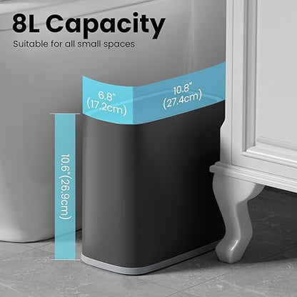 Small Bathroom Trash Can with Lid, 8L / 2.1 Gallon Narrow Garbage Bin with Wheels, Air-Press Bag Expander & Inner Bucket, Press Top Wastebasket for Bedroom, Office, Toilet, Odor Sealing Diaper Pail