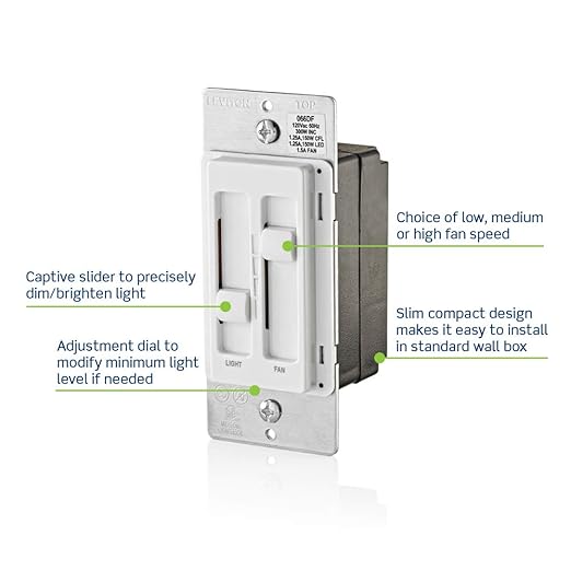 Leviton SureSlide Ceiling Fan Control and Dimmer Switch for LED, Halogen and Incandescent Bulbs, 66DF-10I, Ivory