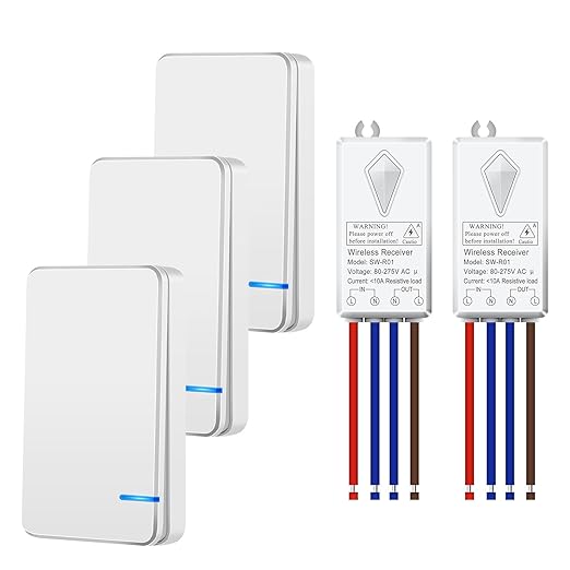 NineLeaf Wireless Light Switch Kit, No Wiring Remote Control, Mini Receiver for Ceiling Lights,Lamps, No WiFi, 1969FT Outdoor 328FT Indoor Range, IP66 Waterproof, 1000W LED(3Switches 2Receivers)