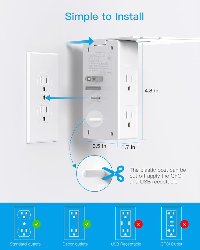 One Beat Surge Protector Wall Outlet Extender, 5 Outlets & 4 USB Ports (2 USB-C) with Night Light & Outlet Shelf, 1680J, 3-Sided Multi Plug Adapter, Wall Mount, ETL Listed for Home Office Travel