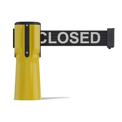 Trafford Industrial 11 Ft Cone-Mounted Retractable Belt Barrier, Yellow | Black with "THIS LINE CLOSED" White Letters, ABS Case, 2-inch Herringbone Webbing, Controlled Retraction, 4-way Receiver