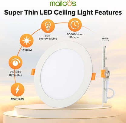 MAILCOS 6 Pack 6 Inch 5CCT Ultra-Thin LED Recessed Ceiling Light with Junction Box, 2700K-5000K Selectable, 1050LM High Brightness, Dimmable Canless Wafer Downlight, 12W 120V, ETL
