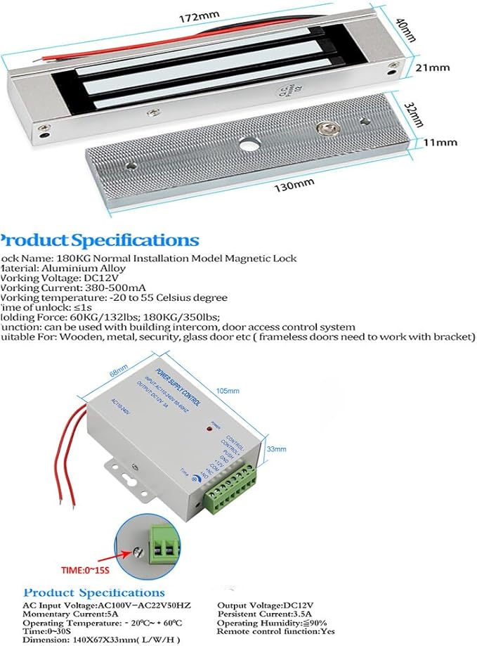 Door Entry System with Waterproof Access Control Keypad Power Supply DC 12V,Door Lock Release Switch,Electric Lock and 125KHZ RFID Key Fobs,180kg Magnetic Lock