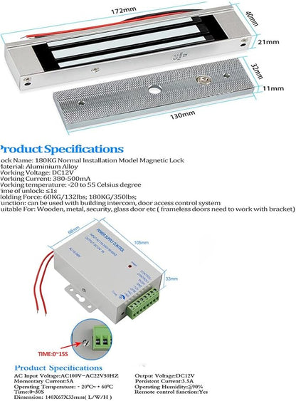 Door Entry System with Waterproof Access Control Keypad Power Supply DC 12V,Door Lock Release Switch,Electric Lock and 125KHZ RFID Key Fobs,180kg Magnetic Lock