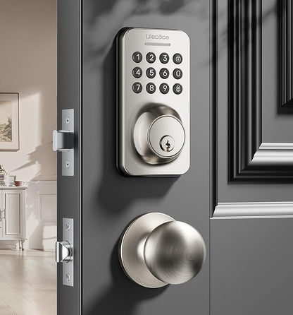 Ulecoce Keyless Entry Keypad Deadbolt with Handle Set, Smart Lock, Auto-Lock + One-Touch Lock, 100 Codes + Easy Install, Ideal for Airbnb/Homes/Offices, Fits U.S. Standard Front Doors, Satin Nickel