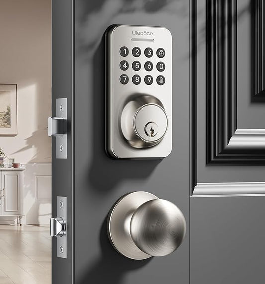 Ulecoce Keyless Entry Keypad Deadbolt with Handle Set, Smart Lock, Auto-Lock + One-Touch Lock, 100 Codes + Easy Install, Ideal for Airbnb/Homes/Offices, Fits U.S. Standard Front Doors, Satin Nickel
