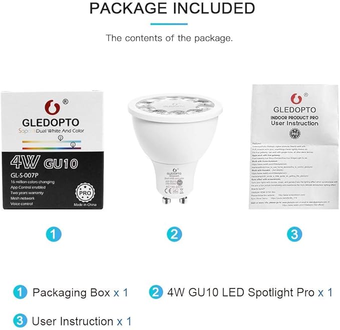 GLEDOPTO ZigBee 3.0 Smart 4W GU10 AC100-240V RGBCCT Spotlight Pro 25 Degree Beam Angle Color Change Bulb Dimmable Compatible with Amazon Echo Plus SmartThings App/Voice/RF Remote Control