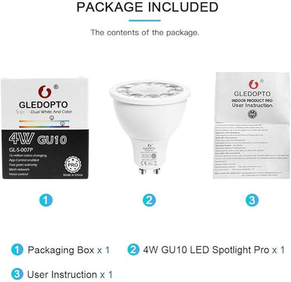 GLEDOPTO ZigBee 3.0 Smart 4W GU10 AC100-240V RGBCCT Spotlight Pro 25 Degree Beam Angle Color Change Bulb Dimmable Compatible with Amazon Echo Plus SmartThings App/Voice/RF Remote Control