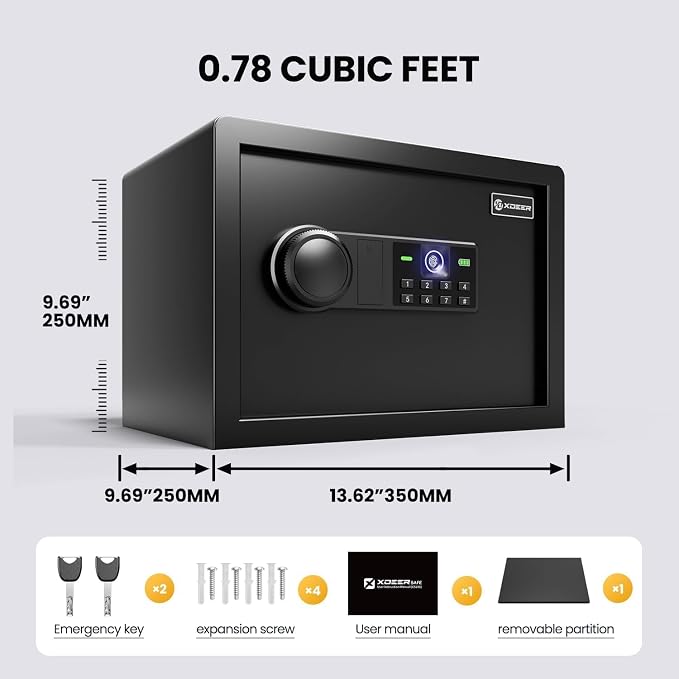 XDeer Biometric Safe Box, 0.78 Cuft Small Safe with 4 Unlocking Ways | Fingerprint/Backlit Keypad/Keys/APP, LED Light, Silent Mode, Adjustable Shelf, Smart Home Safe for Cash/Jewelry/Documents