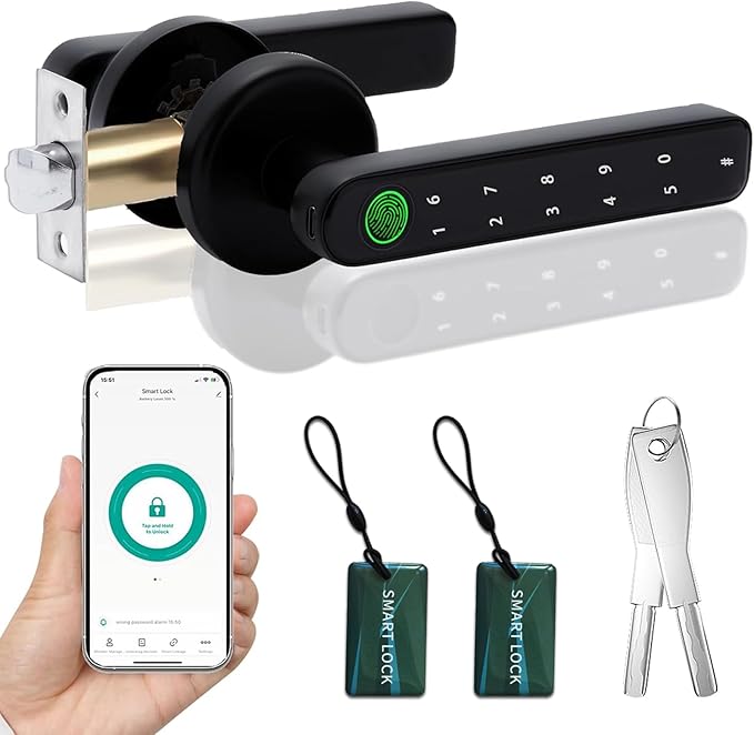 Smart Fingerprint Door Lock, Keyless Entry Door Lock with APP - Cards - Backup Key - Fingerprints - Codes, Biometric Door Lock for Bedroom Hotel Office Apartment(Black)