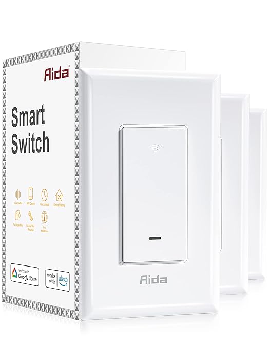 AIDA Smart Light Switch, 3 Way WiFi Smart Switch, Compatible with Alexa and Google Home, Neutral Wire Required, 2.4Ghz WiFi Switch for LED, CFL, Incandescent Bulbs, No Hub Required, White, 3 Pack