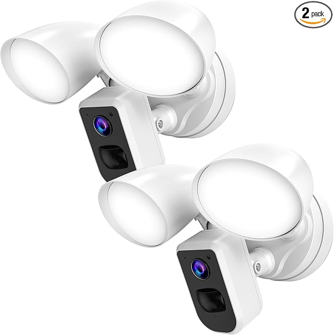 deerdance Smart Floodlight Camera Wired Outdoor Security Camera Flood Light with Motion Sensor 2200 lumens LEDs 1080P HD Live Video Night Vision, Built-in Siren, Two-Way Audio, White(2Pack)
