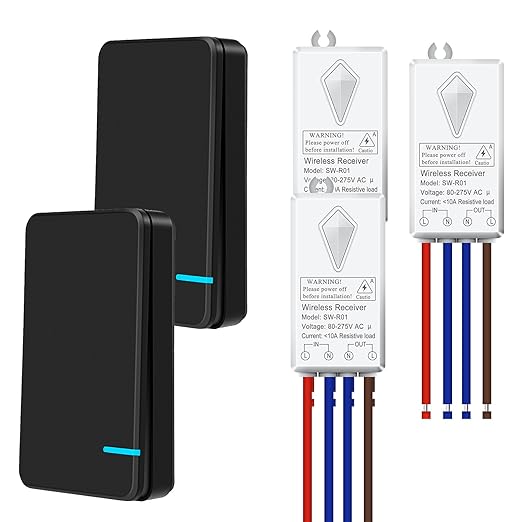 NineLeaf No Wiring Light Switch,Black Wireless Light Switch Kit Remote Control Light Switch No WiFi Needed for Renters DIY Outdoor 1969ft Indoor 328ft 1000W LED, Ceiling Lamps(2Switches 3Receivers)