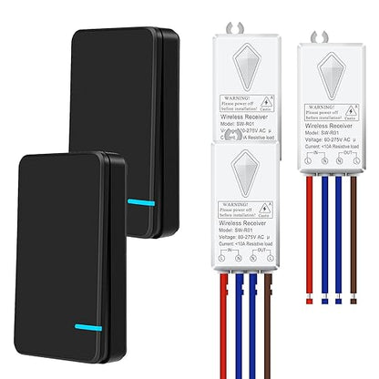 NineLeaf No Wiring Light Switch,Black Wireless Light Switch Kit Remote Control Light Switch No WiFi Needed for Renters DIY Outdoor 1969ft Indoor 328ft 1000W LED, Ceiling Lamps(2Switches 3Receivers)