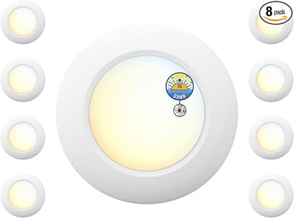 6 Inch LED Low Profile Disk Light with Dusk to Dawn Sensor, 120VAC, 15W, 5CCT Color Changing, 1000LM, Non-Dimmable, ETL, Shower Rated Screw in Photocell Ceiling Light, White/8 Packs