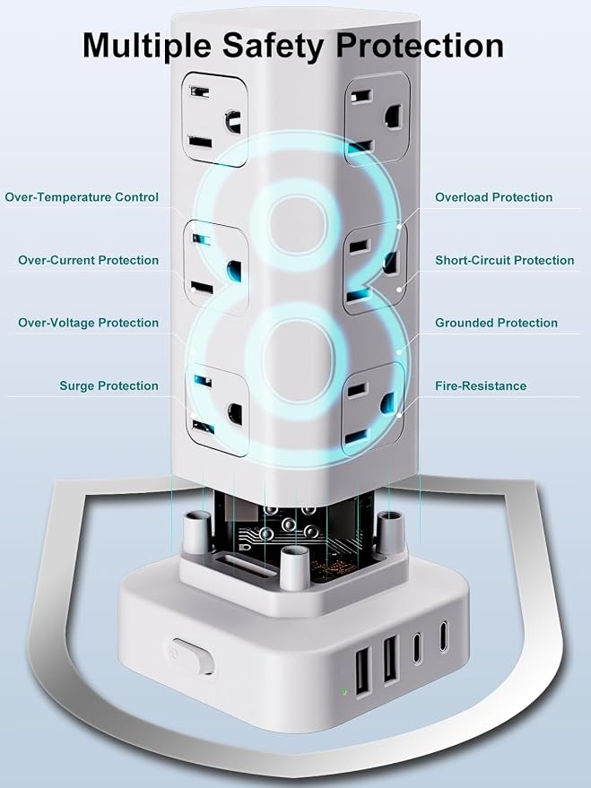 Power Strip Tower Surge Protector, 6FT Flat Plug Extension Cord with Multiple Outlets, 12 AC Outlets 4 USB (2 USB C), Desktop Charging Station with Surge Protection for Home Office Dorm Room, White