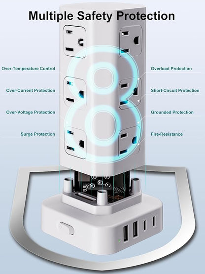 Power Strip Tower Surge Protector, 6FT Flat Plug Extension Cord with Multiple Outlets, 12 AC Outlets 4 USB (2 USB C), Desktop Charging Station with Surge Protection for Home Office Dorm Room, White