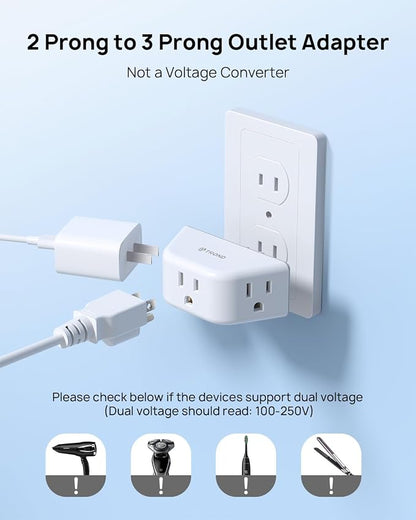TROND 2 Prong to 3 Prong Outlet Adapter for Old House | 3-Way Angled Plug Extender with 3 AC Sockets, Plug Splitter for Non-Grounded Socket in Home Hotel, Cruise Essentials, White