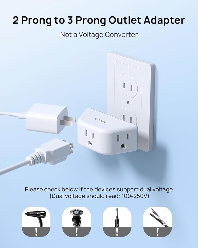 TROND 2 Prong to 3 Prong Outlet Adapter for Old House, 2 Pack | 3-Way Angled Wall Extender with 3 AC Sockets, Plug Expander for Non-Grounded Socket in Home Hotel, Cruise Essentials, White