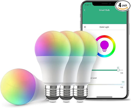 Broadlink Smart Wi-Fi Bulb, RGB Multicolor Changing Dimmable LED Light, A19 E26 10W, Works with Alexa, Google Home, Siri and IFTTT, No Hub Required (4 Bulbs)