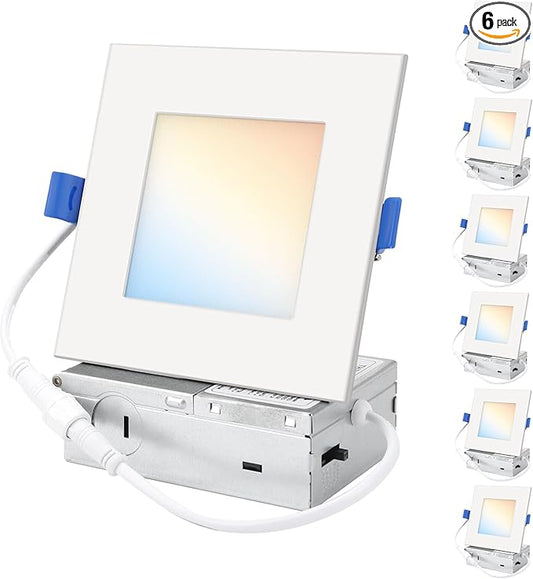HONZIN 6 Pack 6 Inch Square LED Recessed Lighting, 5CCT Ultra-Thin LED Ceiling Lights, 2700K/3000K/3500K/4000K/5000K Selectable, 13W, IC Rated, Dimmable White Square Trim with Junction Box