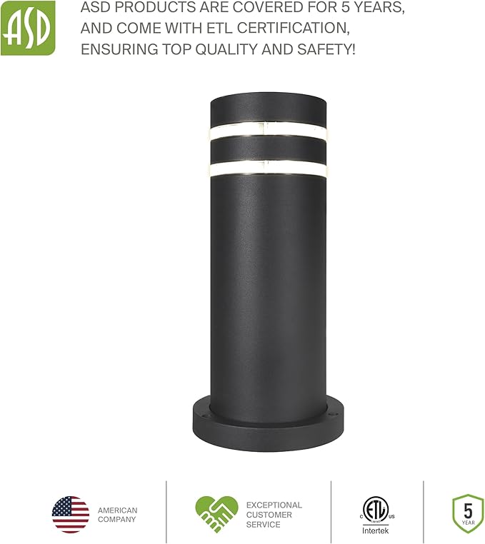 ASD 12" Round Bollard Light Fixture, Outdoor Pathway Floor Lamp | Antiglare, Waterproof, ETL Listed | 60W E26 Bulb Socket 120V | Landscape Hardwired Lighting, Exterior Post Lantern | Black, 4 Pack