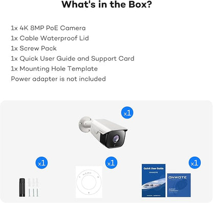 ONWOTE 4K 8MP PoE IP Security Camera, AI Human Vehicle Detection, 3840x2160 8 Megapixels, 134° FoV, Video Audio, Indoor Outdoor, Commercial Wired Camera for Business, Add-on to PoE NVR System (White)