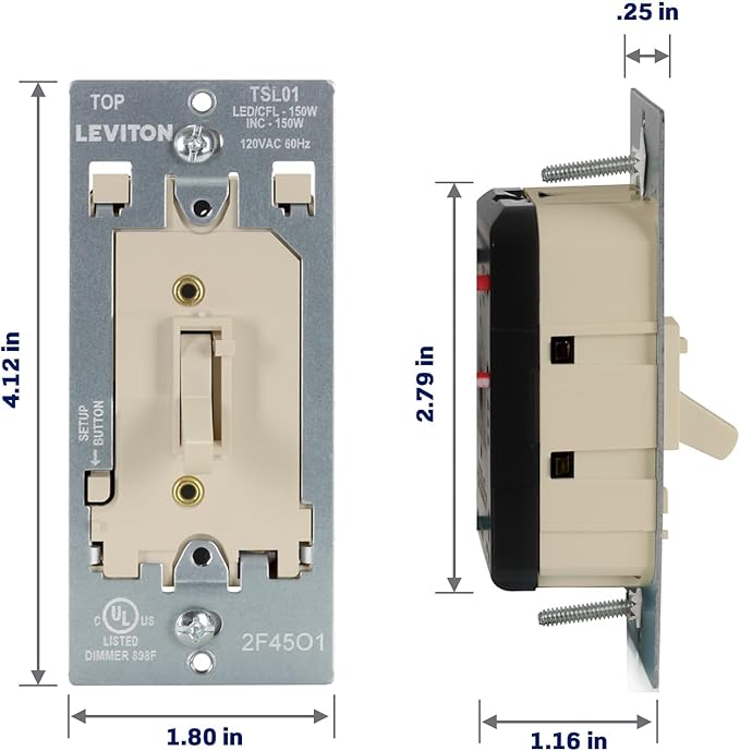 Leviton Toggle Slide LED Advanced Dimmer Switch for 150W Dimmable LED, Halogen and Incandescent Bulbs and Fixtures, TSL01-I, Ivory