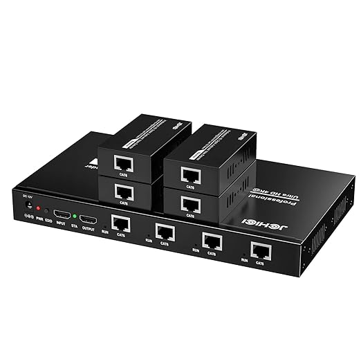 HDMI Extender Splitter 1 x 4, JCHICI 4K@30Hz 100M(328fts) HDMI Splitter with Loopout and EDID Copy Function, Lossless Transmission and Zero Latency, Support 3D