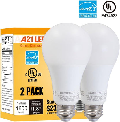 TORCHSTAR 100W Equivalent 15.5W Dimmable LED A21 Bulb, 1600Lm, 2700K Soft White, E26 Medium Base, Omnidirectional, Pack of 4