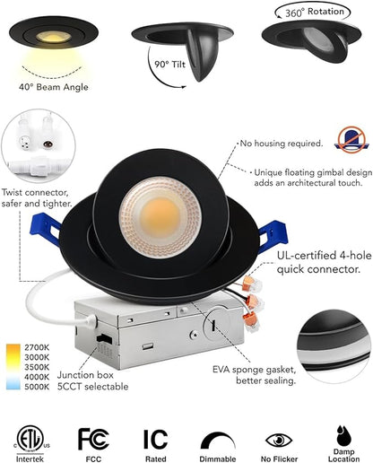 Adetu 4 inch 5CCT Gimbal Black Led Recessed Lights, 360°+90° Adjustable Directional Recessed Lighting, 2700K/3000K/3500K/4000K/5000K Dimmable Retrofit Eyeball Can Lights with Jbox, ETL(Black, 6 Pack)