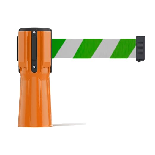 Trafford Industrial 11 Ft. Cone-Mounted Retractable Belt Barrier Orange Case with Green and White Diagonal Belt