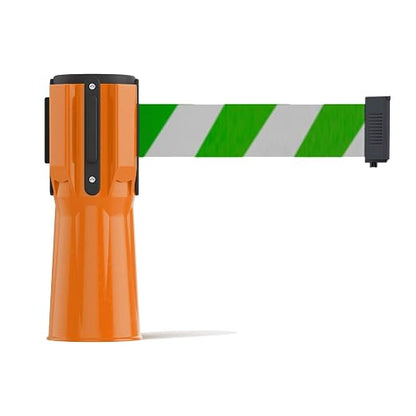 Trafford Industrial 11 Ft. Cone-Mounted Retractable Belt Barrier Orange Case with Green and White Diagonal Belt