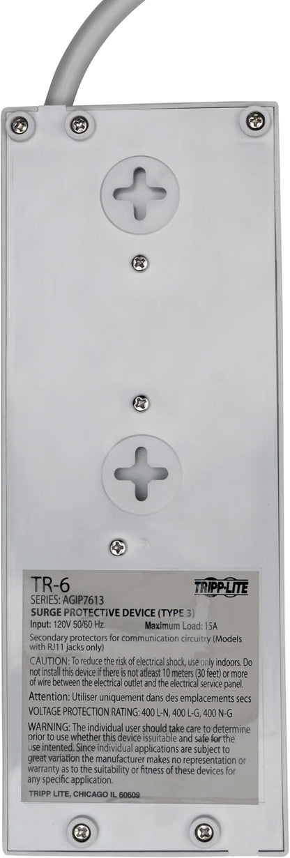 Tripp Lite 6 Outlet Surge Protector Power Strip, 6ft Cord, Right-Angle Plug, & $50,000 Insurance (TR-6) Grey