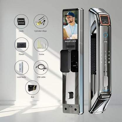 Smart Door Lock with Camera, 3D Face Recognition, Keyless Entry Palm, Face, Fingerprint, Passcode, IC Card, Video Doorbell, Intercom, JLINK App, Touchscreen Keypad, Front Door Lock, Home Security