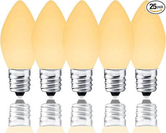 25 Pack C7 Warm White LED Replacement Bulbs – Dimmable White LED Lights Bulbs Decoration, 0.72W Indoor Outdoor Christmas Waterproof Bulbs, Warm Night Light, E12 Candelabra Base, IP:65