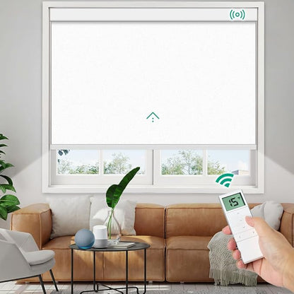 Motorized Roller Shades, 10O% Blackout Waterproof Remote Control Custom Window Shades Work with Alexa Google Assistant via RF Hub, Rechargeable Electric Blinds for Windows (Vinyl White)
