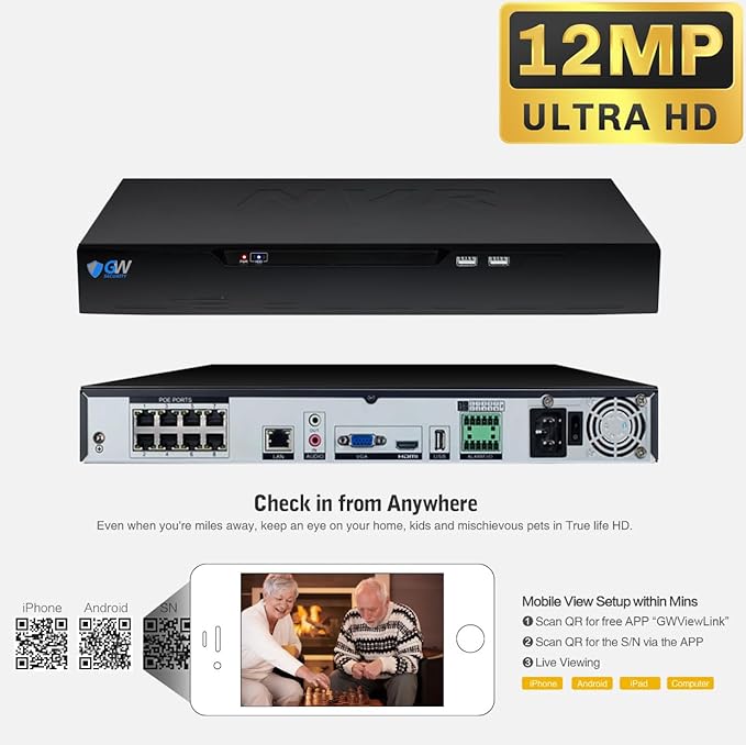 GW Security 12MP 4K 8 Channel NVR TAA & NDAA Compliant Network Video Recorder with Free Mobile App, 24TB Storage Capacity, No Monthly Fees (GW6808NP)