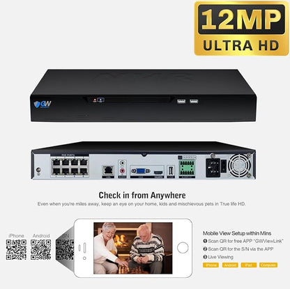 GW Security 12MP 4K 8 Channel NVR TAA & NDAA Compliant Network Video Recorder with Free Mobile App, 24TB Storage Capacity, No Monthly Fees (GW6808NP)