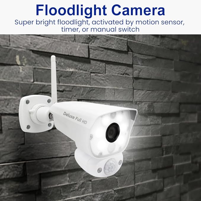 CasaCam Deluxe Wireless Security Camera System | 2 1080p Floodlight Cameras and one 7" Touchscreen Monitor | AC Powered, Two-Way Audio, Free APP, 32GB SD Card and Battery Installed, Model VS5002