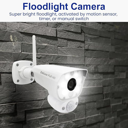 CasaCam Deluxe Wireless Security Camera System | 2 1080p Floodlight Cameras and one 7" Touchscreen Monitor | AC Powered, Two-Way Audio, Free APP, 32GB SD Card and Battery Installed, Model VS5002
