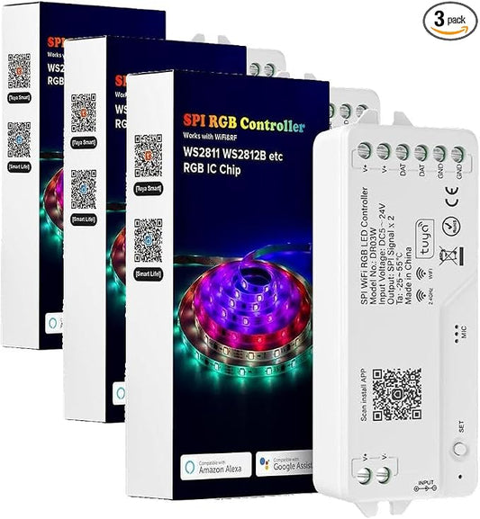 BTF-LIGHTING DR03W SPI RGB 2.4G WiFi Controller Tuya APP/Smart Life/Google Home/Alexa Control Support WS2812B WS2811 WS2815 etc Addressable LED Strip Work with WR01RF RC03RFB RF Remote (Pack of 3)