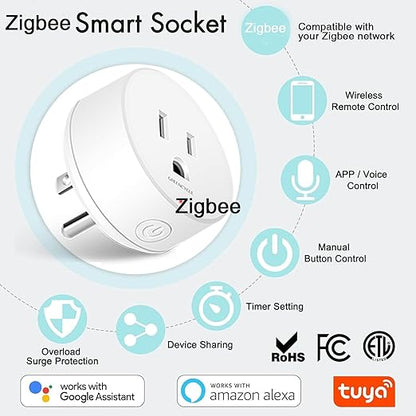 Greencycle Zigbee Smart Plug with Remote,Smart Outlet with Wall Switch,No Cloud Required(2.4G Hub Required),APP Control,Voice Control Compatible with Alexa,Google Assistant,Schedule and Timer